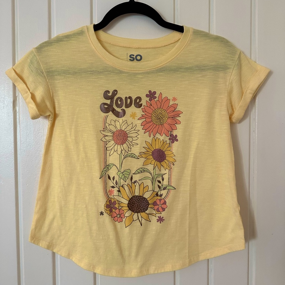 SO Printed Tee. Yellow with Floral “Love” Pattern. Size L (10/12).